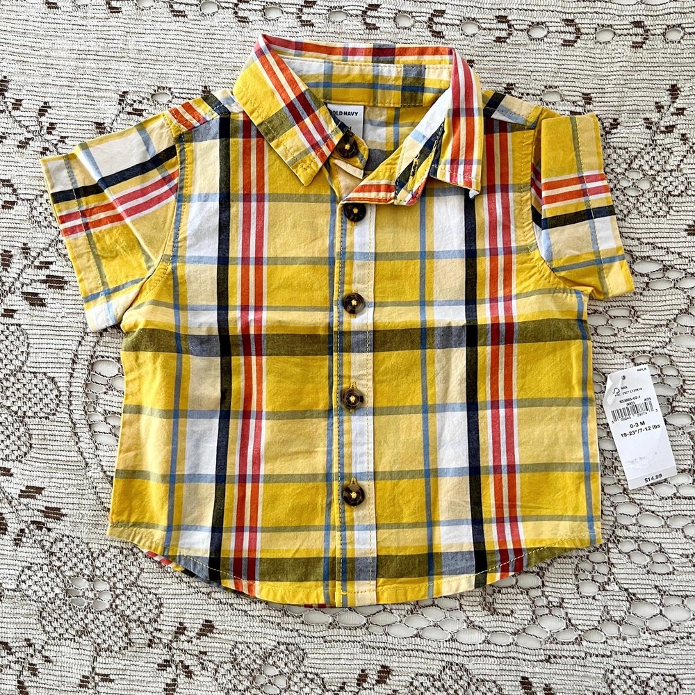 Old Navy Baby Boy 0-3 Months Yellow Plaid Short Sleeve Shirt Button Front NEW